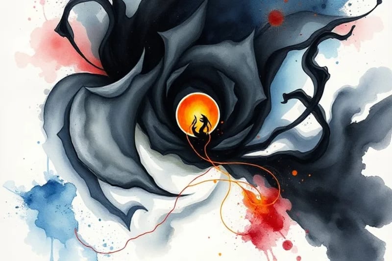 Abstract digital painting of dark, swirling colors with a golden thread, symbolizing the shadow and its integration