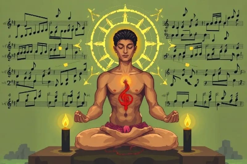 Figura meditativa rodeada de notación musical y diagramas científicos abstractos