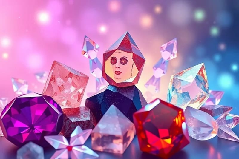 Abstract digital art of various polished and raw gemstones emitting colorful, intertwining energetic auras, symbolizing their vibrational resonance.