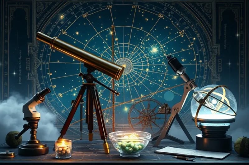 Bodegón de instrumentos astronómicos antiguos y herramientas científicas modernas, con una nebulosa sutil que los conecta, simbolizando la fusión de saberes.