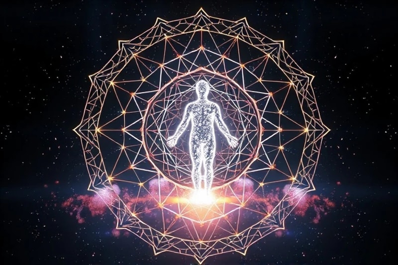 3D render of a human-like energetic silhouette interacting with a crystal grid, with holographic projections enveloping it for healing.