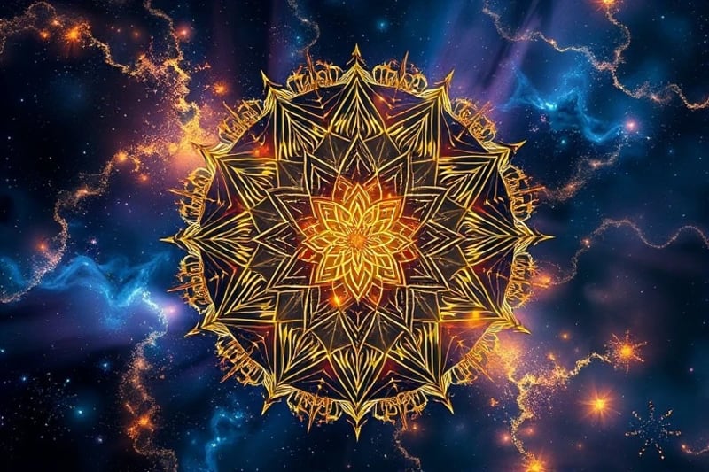 Pintura digital abstracta de energía cósmica y neural entrelazadas, con marcadores genéticos brillantes, simbolizando la interconexión universal.