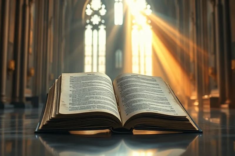 Libro de oraciones antiguo sobre un escritorio moderno en una oficina de rascacielos.