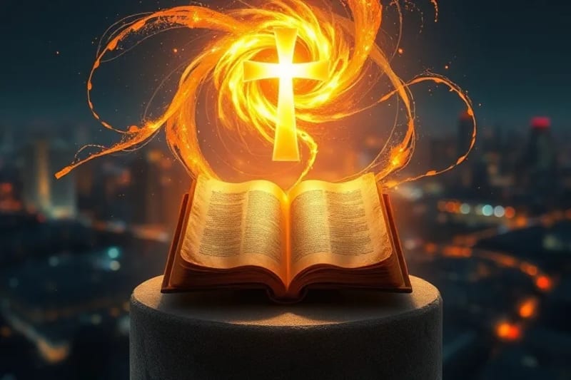Manos en oración con luz dorada y una cruz estilizada sobre un fondo de ciudad nocturna.