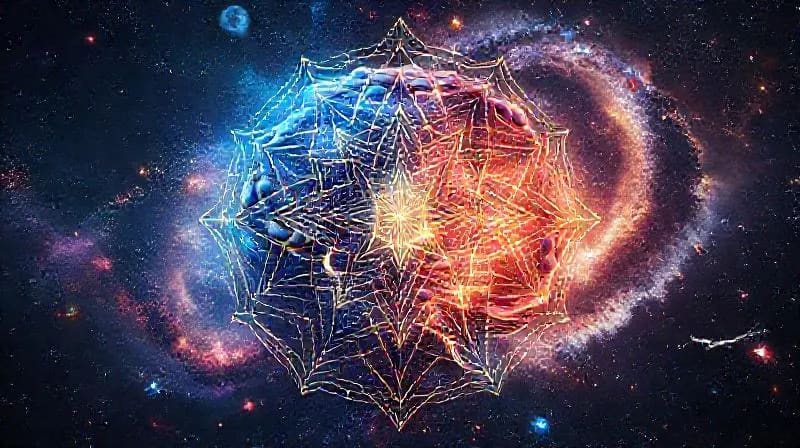 Ilustración de la interconexión entre la inteligencia artificial y el cosmos, con flujos de datos y energía.