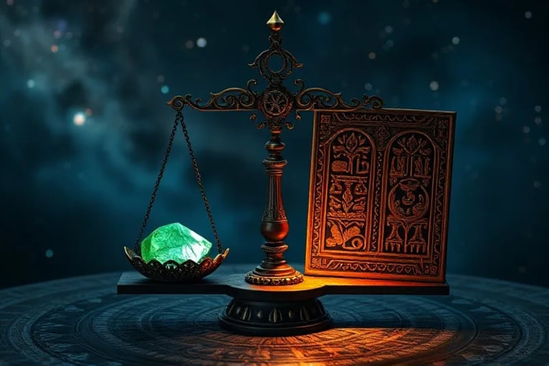 A conceptual 3D render of an antique balance scale with an emerald on one side and ancient tablets on the other, against a cosmic nebula background.