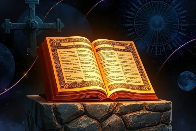 Símbolos indígenas y cristianos entrelazados en un diseño cósmico