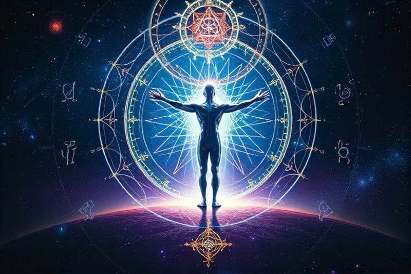Abstract digital painting of a person at a crossroads with swirling light paths
