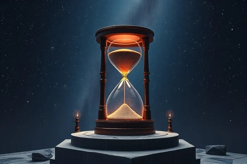 3D render of an hourglass with glowing planetary models instead of sand