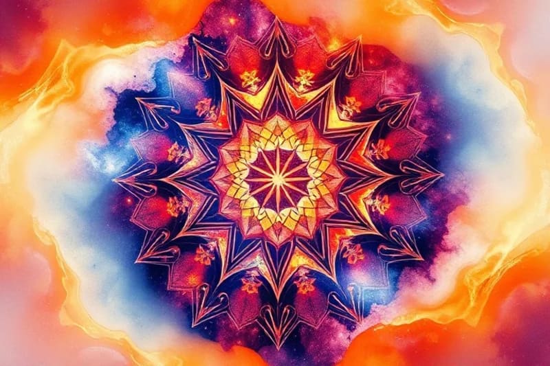 Pintura abstracta de remolinos de colores fuego y oro, simbolizando transformación y energía