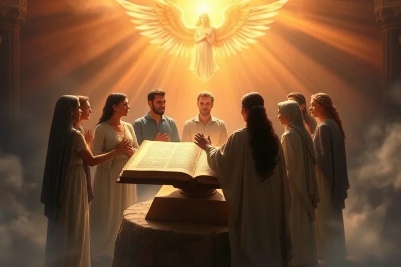 Grupo de personas meditando en círculo, rodeadas de aura de luz, con sutiles figuras de arcángeles observando.