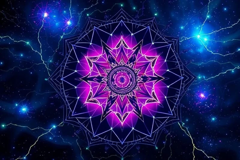 Abstract digital art of celestial gears and neural networks, symbolizing cosmic influence on human thought and digital connectivity.