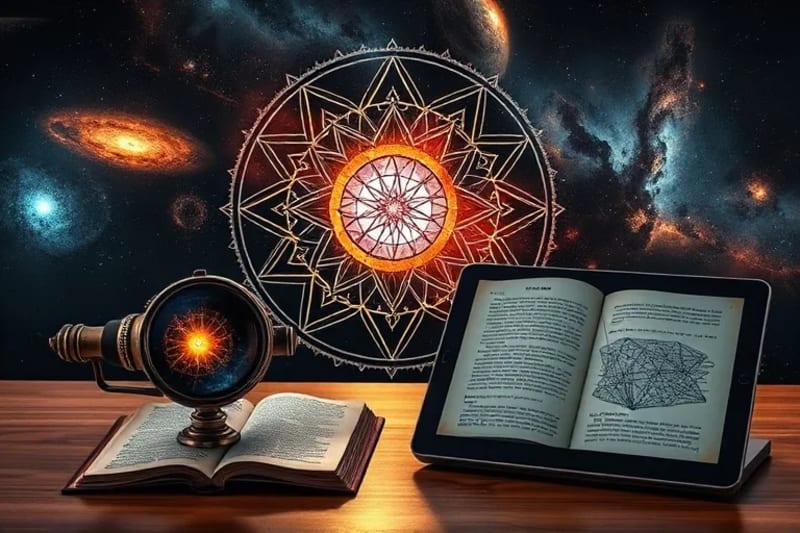 Conceptual still-life of a vintage telescope, antique book, and modern tablet, symbolizing the synthesis of cosmic wisdom and digital knowledge.