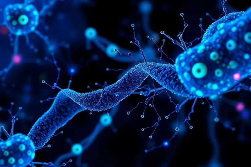 Intricate glowing neural networks and cellular structures symbolizing deep cellular repair