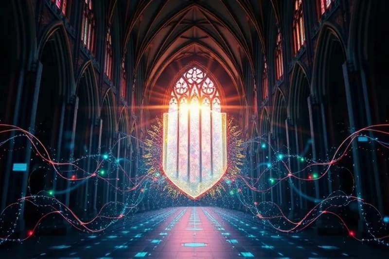 Escudo digital abstracto con patrones de luz y energía repeliendo intrusiones oscuras
