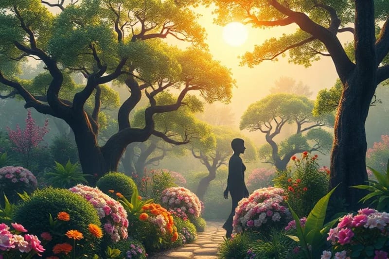 Vibrant garden with ancient trees and blossoming flowers, symbolizing longevity and vitality