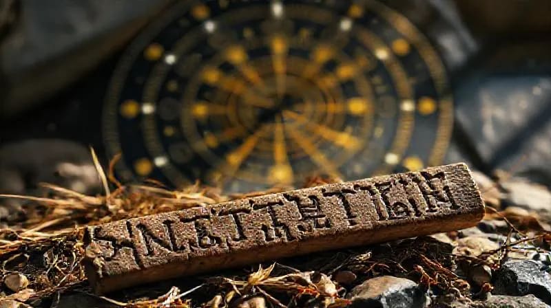 Runas nórdicas de madera sobre hierbas secas y piedras de río