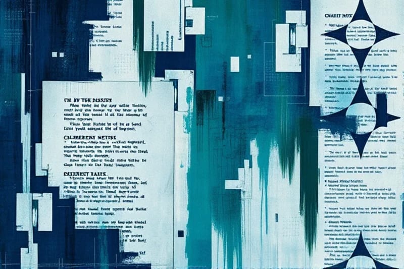 Abstract digital painting showing fragmented legal documents, code, and artistic elements
