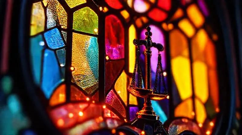 Macro 3D render of a blockchain ledger with scales of justice and a paintbrush
