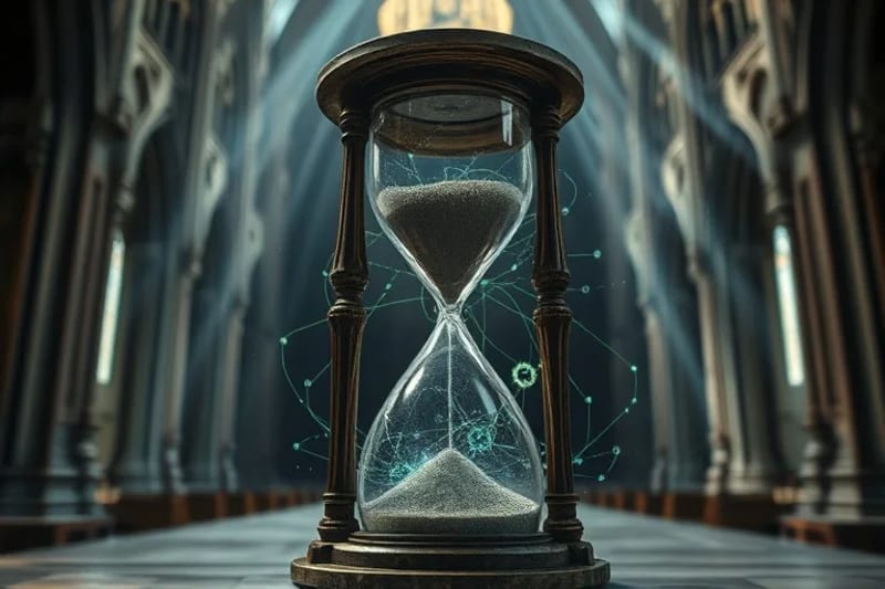 Reloj de arena digital y engranajes futuristas