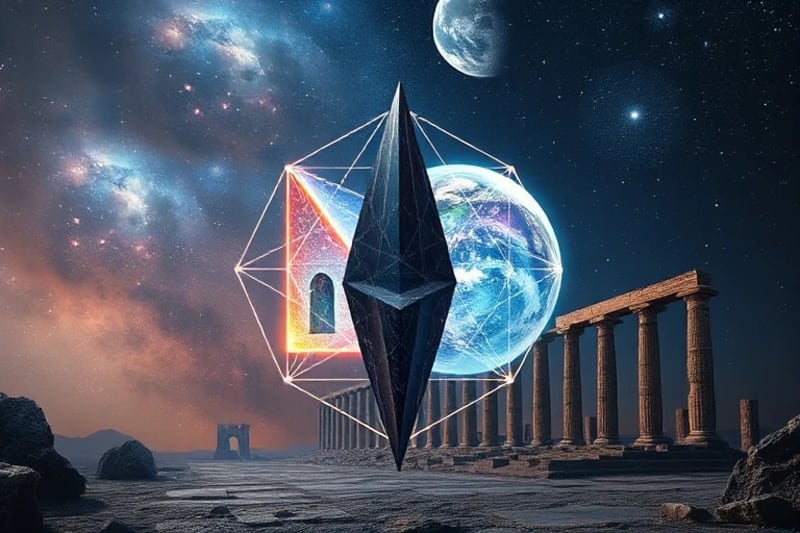 Intertwined geometric forms representing astrological houses and planets, partially obscured by crystalline structures, against ancient ruins