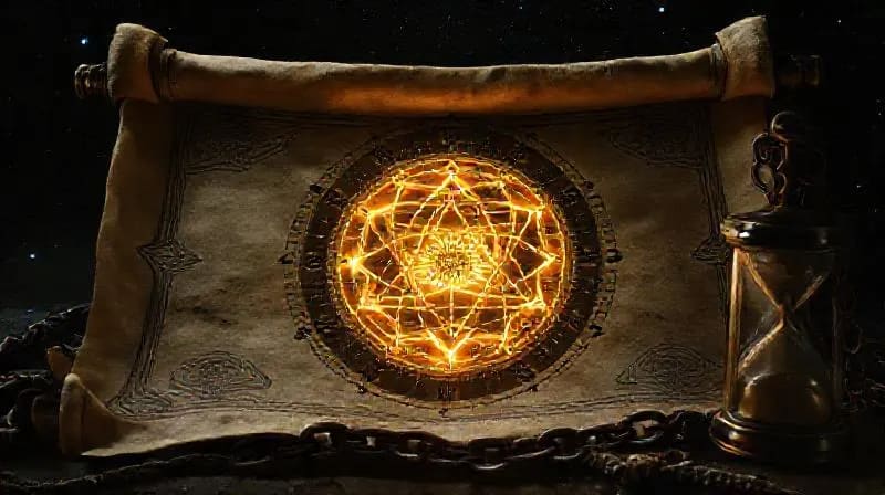 Stylized ancient scroll revealing a birth chart section with a karmic knot, surrounded by an hourglass and broken chain