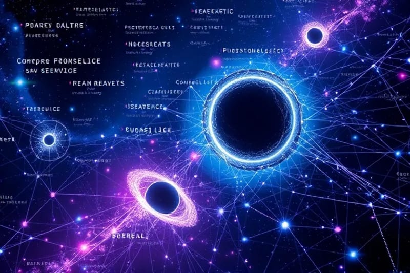 Red cósmica de galaxias y materia oscura, con nodos brillantes que representan agujeros negros supermasivos, y una superposición abstracta de nodos de redes neuronales.