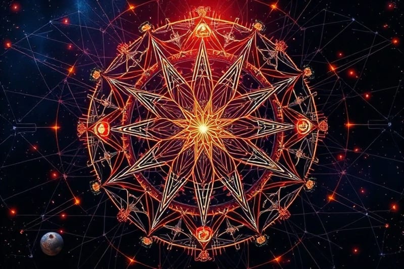 Abstract network of glowing nodes representing interconnected human minds with astrological symbols