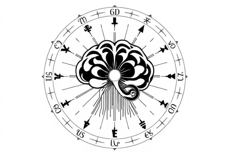 Stylized birth chart with AI brain icon emitting data streams