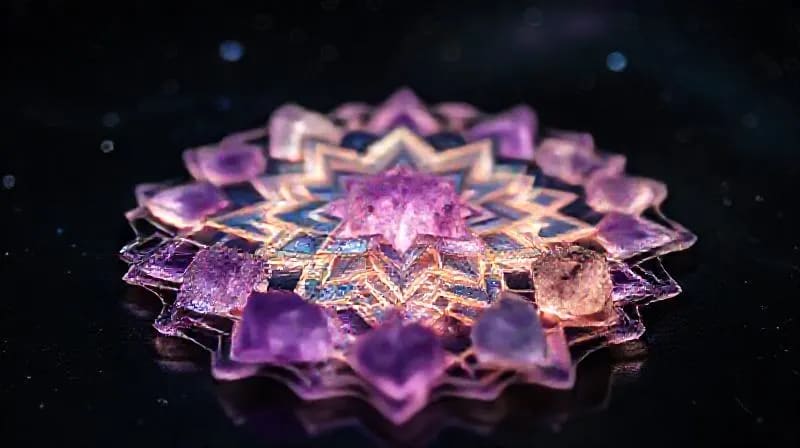 Una composición artística de cristales de amatista, selenita, labradorita y cuarzo transparente, dispuestos sobre una superficie oscura, con tenues luces de ensueño y patrones cósmicos difusos en el fondo.
