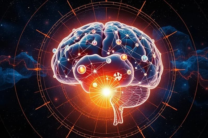 Ilustración digital de un cerebro o mente estilizada como una red luminosa y compleja, de la que emergen intrincados símbolos y figuras, con un halo protector de luz cristalina alrededor.
