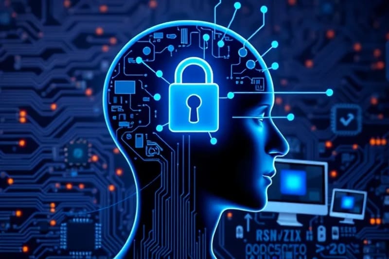 Abstract representation of mental privacy with a padlock over a head