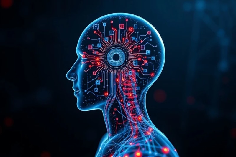 Stylized human silhouette with data streams and AI oversight