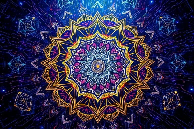 Abstract digital painting of sacred geometry and circuit board patterns, symbolizing technological mysticism.