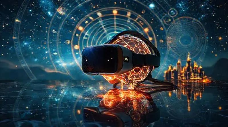 Un elegante casco de realidad virtual descansa sobre una superficie reflectante que muestra un cielo cósmico con estrellas y alineaciones planetarias, junto a un modelo de cerebro brillante conectado a cartas astrológicas y una proyección holográfica de una ciudad virtual.