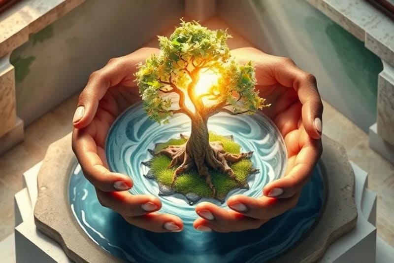 Manos de diferentes personas sosteniendo un brote, simbolizando la colaboración global y la custodia de la naturaleza para un futuro armonioso.