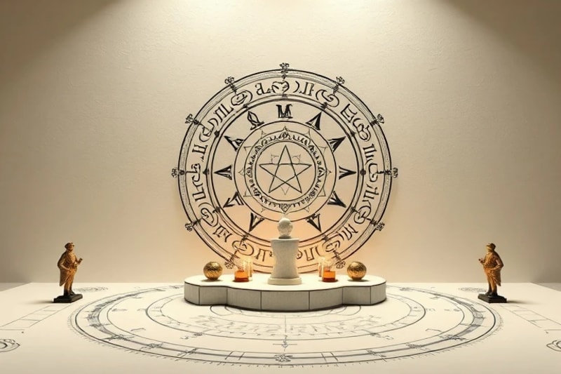 3D render of an ancient altar with holographic projections of sacred symbols and data streams.