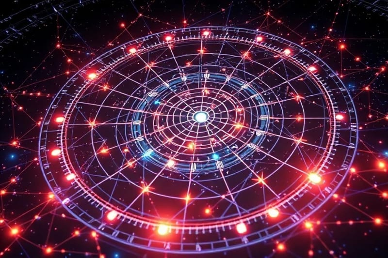 Una representación abstracta de la conciencia expandiéndose a través de nodos digitales interconectados y campos de energía cósmica, con patrones geométricos que recuerdan vías neuronales y mecánicas celestes, extendiéndose en un espacio virtual infinito.
