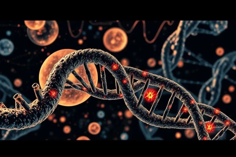 Microscopic view of healthy regenerating cells with glowing mitochondria and DNA strands, representing cellular health.