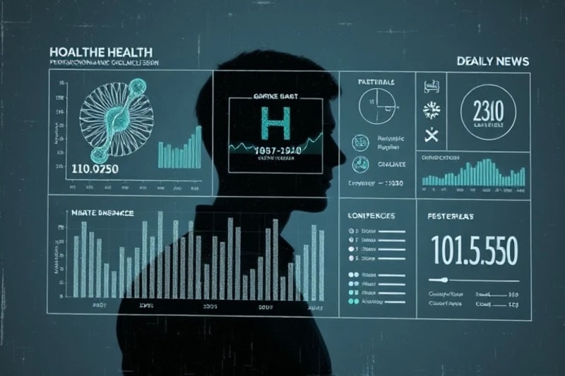 Holographic display showing genomic data, cellular health metrics, and lifestyle recommendations for personalized health.