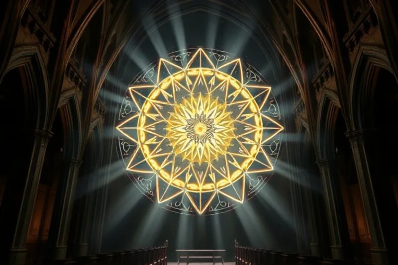 Mandala cósmica con símbolos antiguos y geometría sagrada que irradia luz, aludiendo a la presencia angélica en el diseño universal.