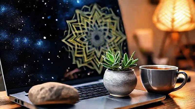 Watercolor illustration of a neat desk with a plant and laptop