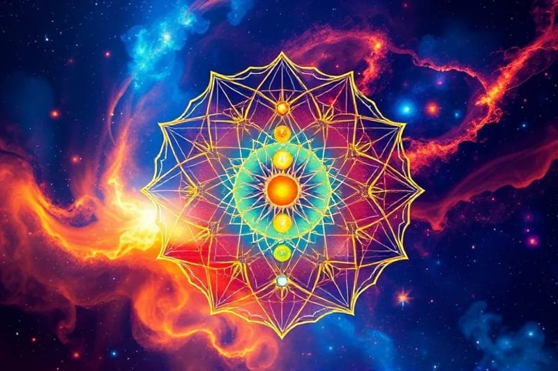 Representación abstracta y vibrante de los siete chakras con sus colores característicos y flujo de energía interconectado.