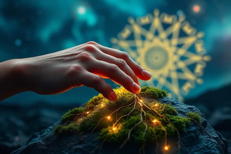 Mano tocando una piedra cubierta de musgo, con hilos de energía luminosos que se conectan a la tierra, y una aurora boreal difusa en el fondo.