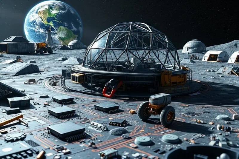 3D render of an advanced lunar mining facility with robotic excavators and Earth in the distance