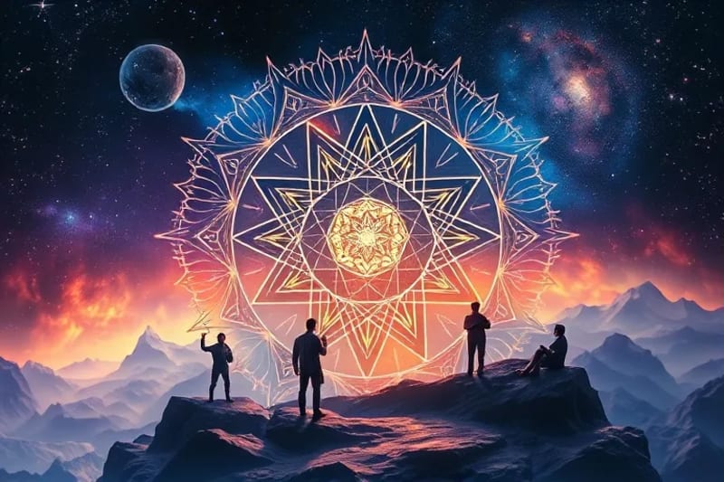 Digital painting showing Major Arcana cards integrated into a dynamic career landscape with professional figures.