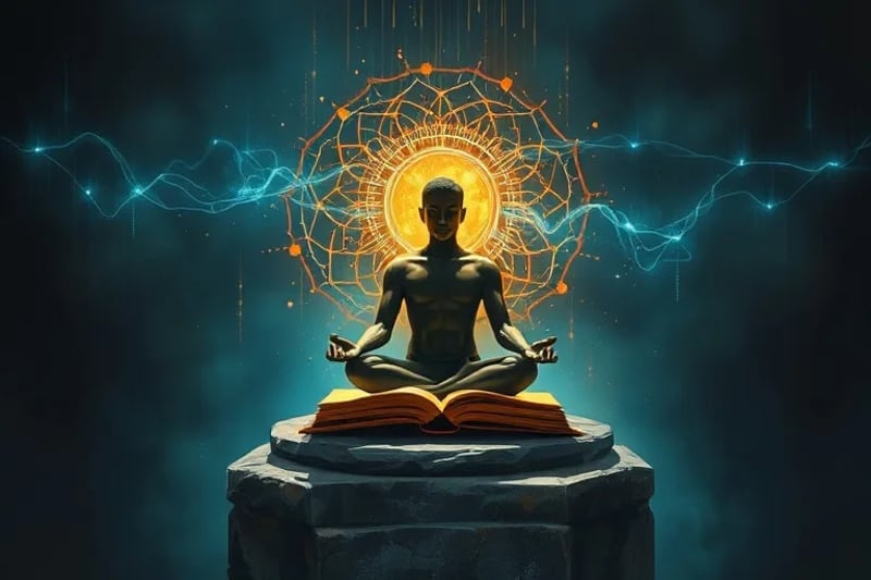 Pintura abstracta de la mente humana en meditación, rodeada de caos digital.