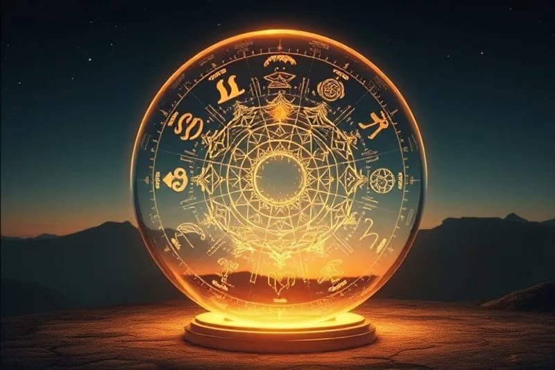 3D render of a glowing crystal ball reflecting career pathways, surrounded by miniature tarot cards.