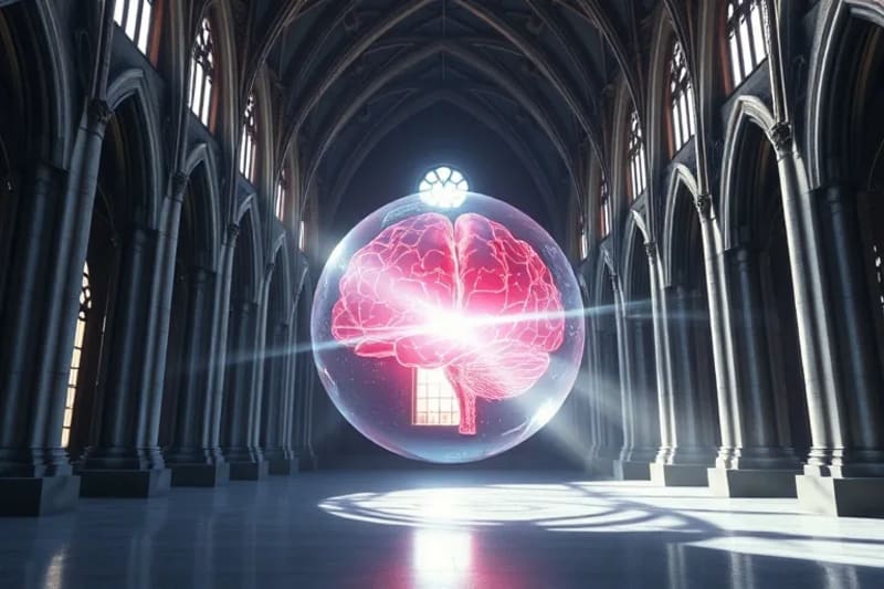 Representación 3D de un cerebro humano protegido de señales digitales caóticas.