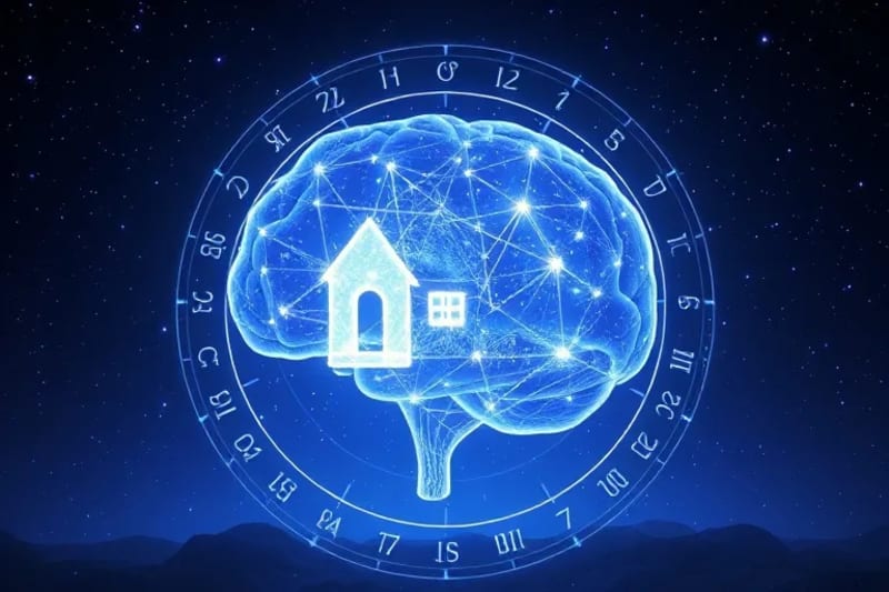 Representación 3D de un cerebro emitiendo luz que forma un objeto deseado en el espacio.